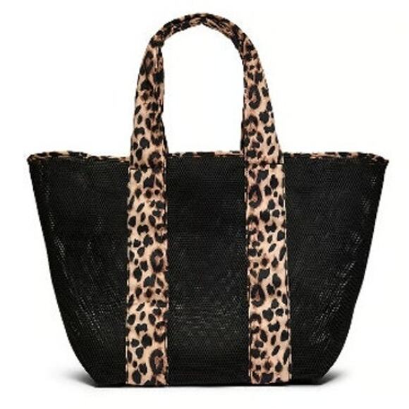 VS Victoria's Secret Leopard Mesh Tote Top Zip Closure Bag Black NEW - Picture 2 of 12